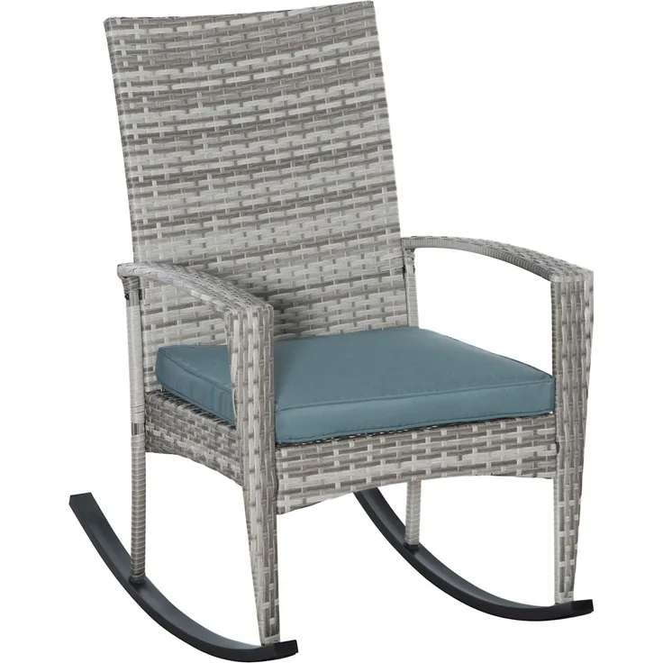 MELAYR, Schaukelstuhl Schwingsessel Gartenstuhl mit Kissen, Polyrattan+Metall, Grau, 66 x 88 x 98 cm