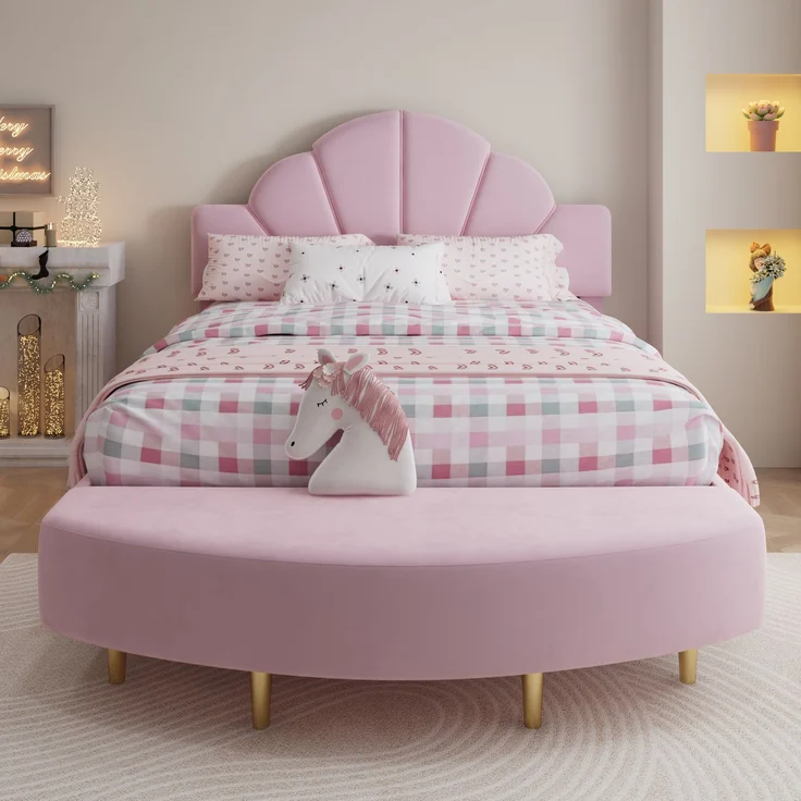 Merax Polsterbett, 140x200cm Doppelbett Samtkopfteil, Mit einer Bettbank in gleicher Farbe, Weiche Antikollisions-Schwammkante, Stabiler Bettrahmen, Rosa – Bild 2