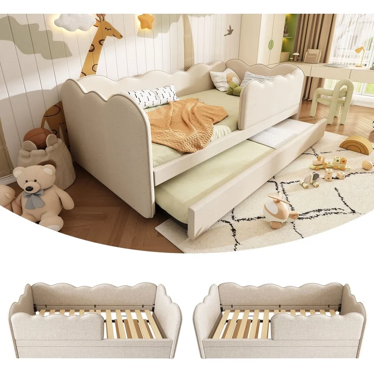 EINHOM Polsterbett Daybett 90 x 190 cm, Tagesbett Schlafsofa mit Ausziehbett 90 x 190 cm, Kinderbett mit Lattenrost, Leinen, Beige, (Ohne Matratze) – Bild 1