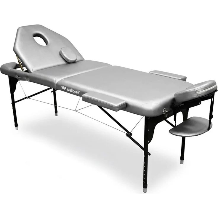 WELLCORE Faltbare Aluminium-Bahre, mit aufklappbarer Rückenlehne, 185 x 65 cm, Kunstleder, höhenverstellbar, Gelenkkopf, Gesichtsloch, Silber, Transporttasche, bis 225 kg – Bild 8