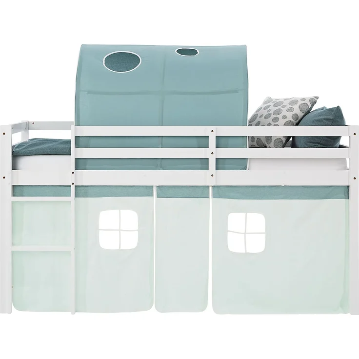 Hochbett Kinder 90x200 cm mit Matratze Kinderbett Kinderhochbett Stockbett Tunnel Vorhang Grün Mintgrün Holz Massiv Lattenrost – Bild 8