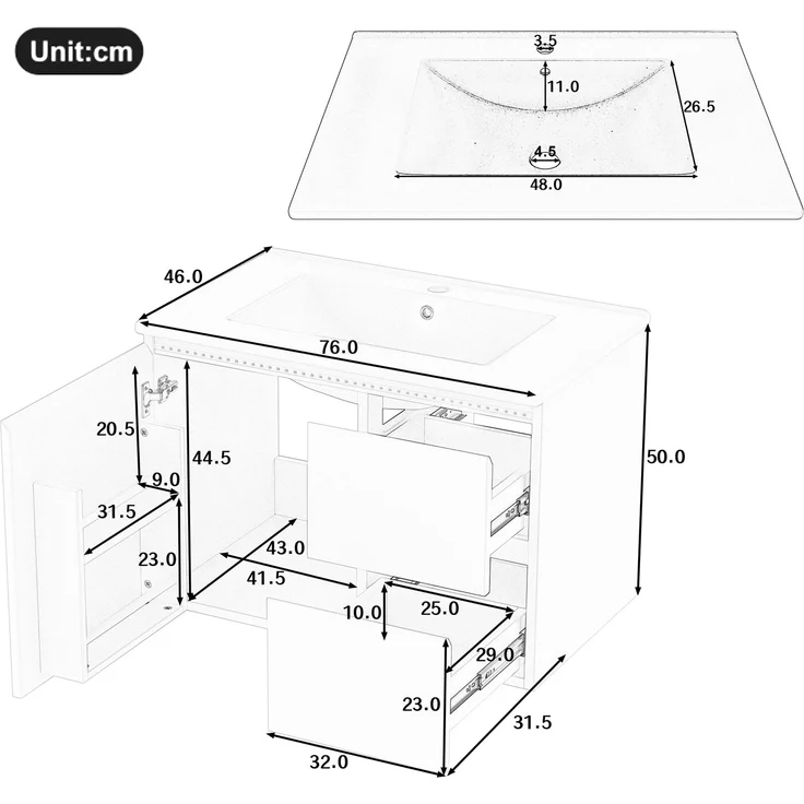 Wandhängender Waschtischunterschrank 76 x 46 x 50 cm aus MDF mit Keramikbecken und LED-Radarsensor – Bild 5