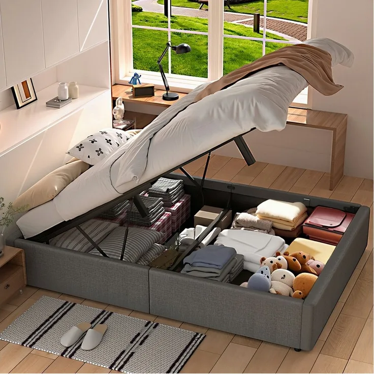 oyajia Polsterbett Hydraulisches Doppelbett 140x200cm, Modern Jugendbett Stauraumbett (Leinenmaterial Polsterbett, Mit Lattenrost, Einfaches Design), Hydraulisch anhebbarer Doppelbett, einfache Montage