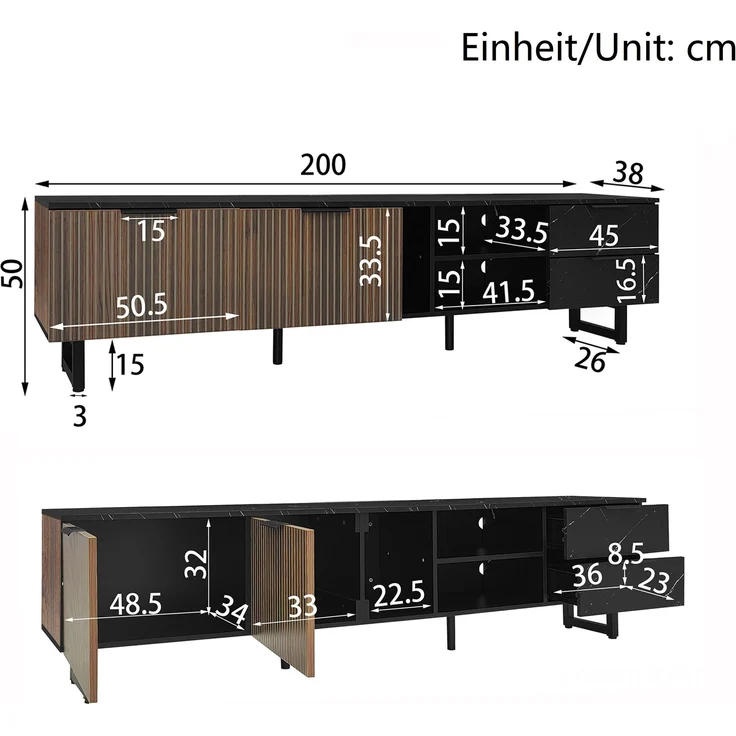 TV-Lowboard, MDF in Marmoroptik mit LED-Beleuchtung & Stauraum, 200x38x50 cm, Schwarz/Holzfarbe – Bild 9