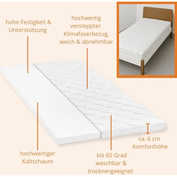 sleepling orthopädischer Kaltschaum Topper, 80 x 200 cm, 6 cm Komforthöhe, waschbarer Bezug, für alle Matratzen und Betten – Bild 3