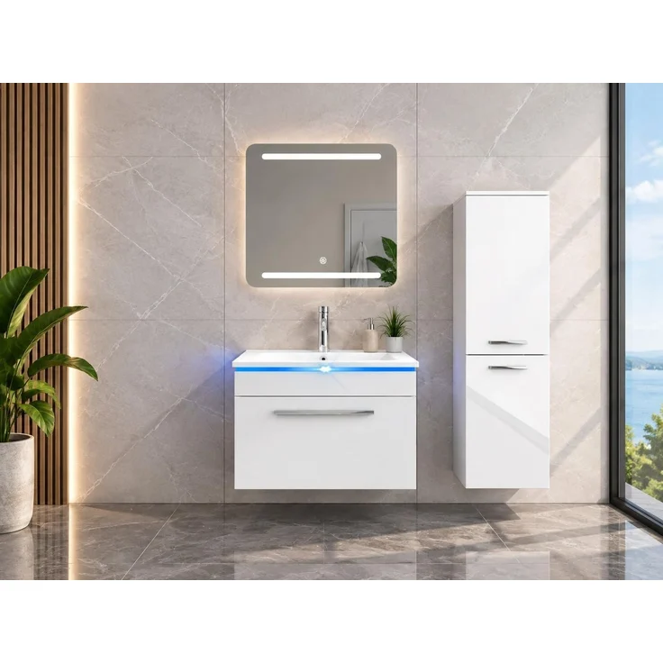 Faizee Home Badmöbelset 60 cm Hochglanz inkl. Keramik-Waschbecken, LED-Spiegel & Soft-Close – Bild 1