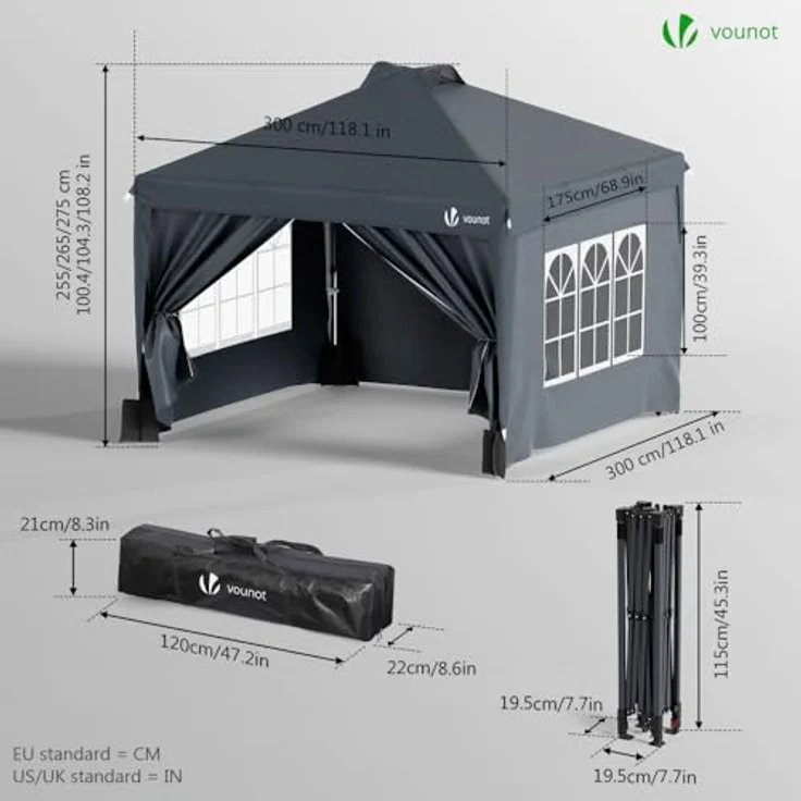 VOUNOT Pavillon 3x3 m Wasserdicht Stabil Winterfest, Pop Up Faltpavillon mit 4 Seitenteilen und 5 Sandsäcke, Faltbar Partyzelt Gartenzelt Gartenpavillon inkl. Tasche, Grau – Bild 7