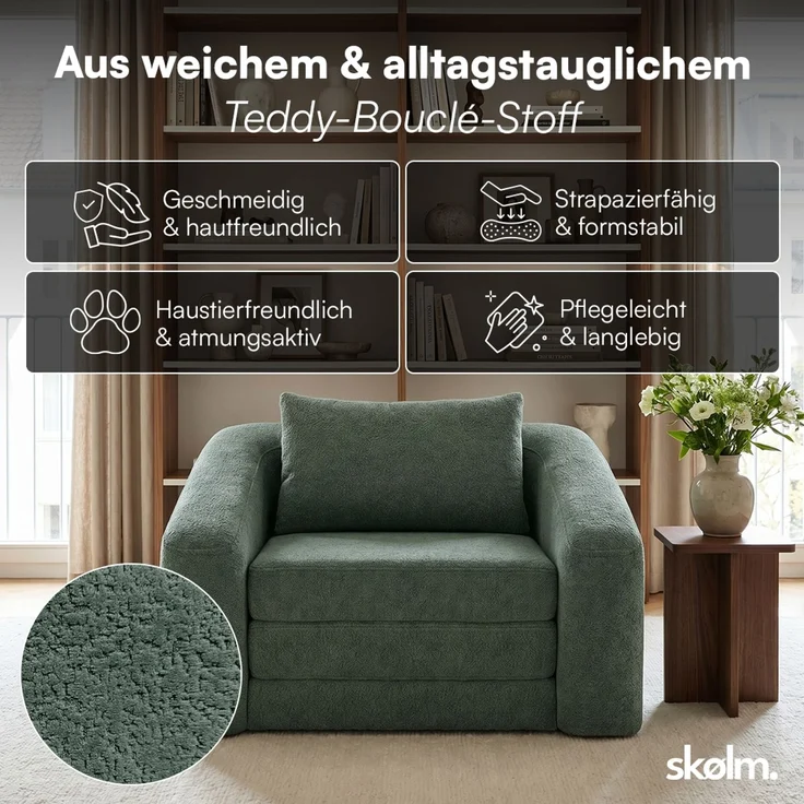 skølm 'Fjäll' Schlafsessel mit 1 Kissen, dunkelgrün, Teddy-Bouclé Sessel ausklappbar, mit Liegefunktion, vakuumverpackt ohne Aufbau – Bild 4