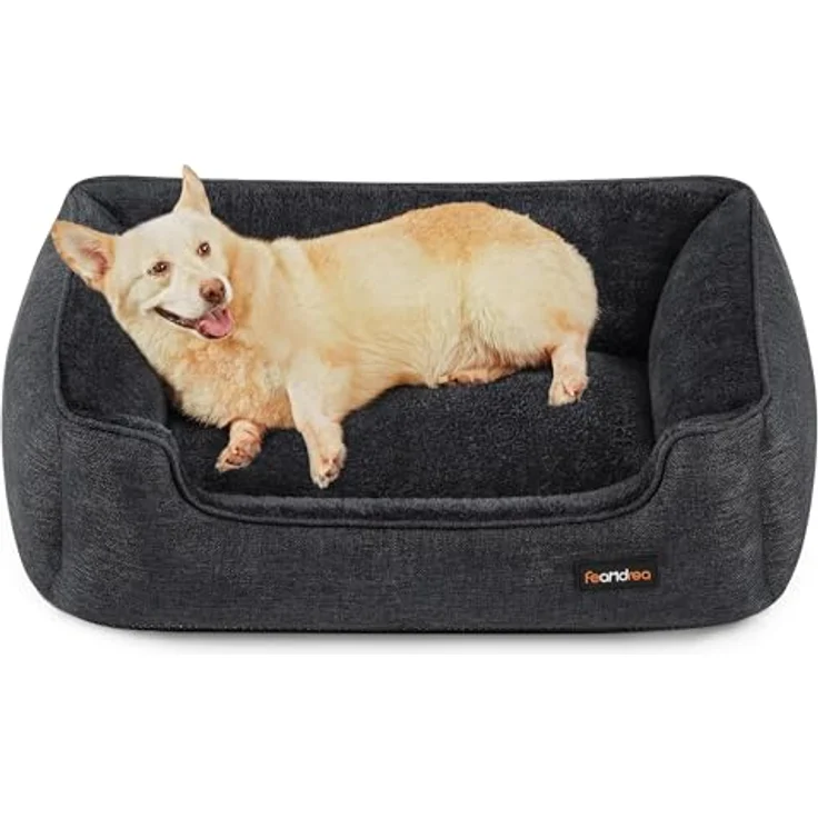 Feandrea Hundebett, Hundekissen in Leinenoptik, Hundekorb, erhöhte Ränder, rutschfeste Unterseite, Bezug abnehmbar waschbar, L, für mittelgroße Hunde, 90 x 75 x 25 cm, dunkelgrau PGW011G01 – Bild 2
