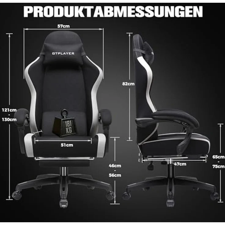 GTPLAYER Gaming Stuhl Ergonomischer, PC Stuhl Atmungsaktiver Stoff, Groß und Hoch Drehbarer Schreibtischstuhl mit Fußstütze,Verstellbare Lendenwirbelstütze und Kopfstütze,Schwarz – Bild 3