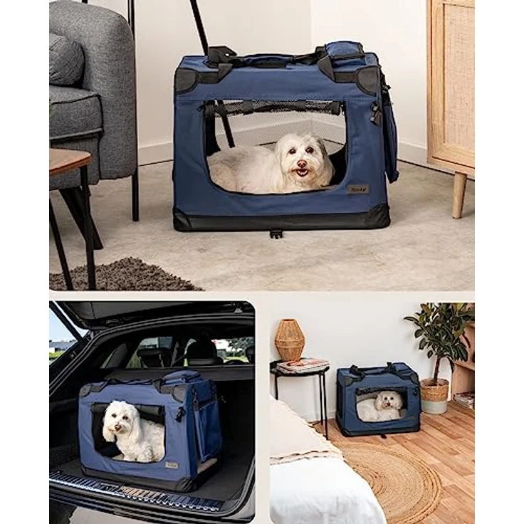 lionto Hundetransportbox, Faltbar, für Reise & Auto, 60x42x44 cm, Blau | Stabile Hundebox aus Stoff mit Netzfenstern, Tragegriffen, weicher Decke & Taschen, für Katzen & Hunde bis 12 kg geeignet – Bild 2