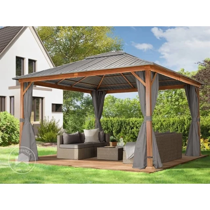 Gartenpavillon 4x4 m Holzoptik, Stahldach Hardtop 4 Seitenteile in grau – Bild 1