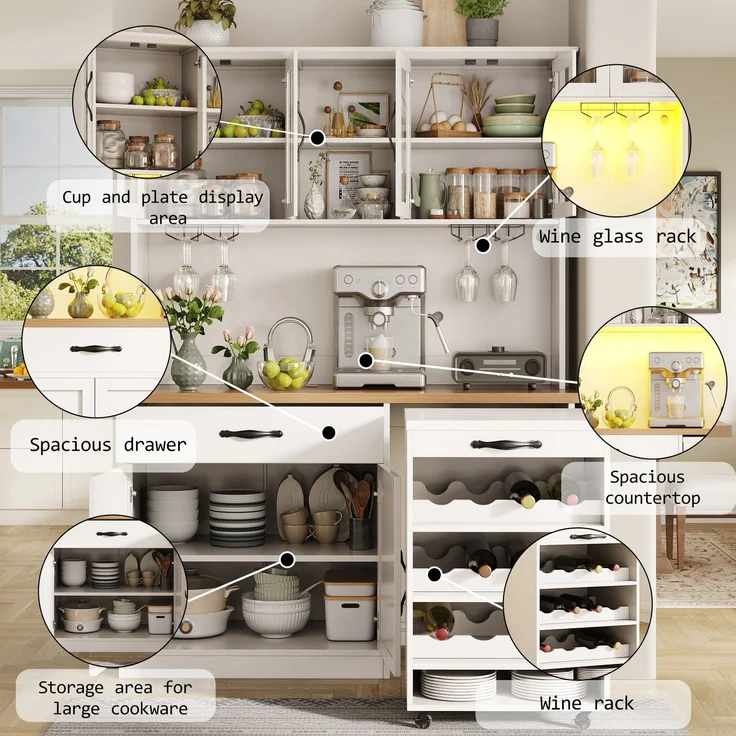 TavilaEcon Küchenbuffet 140cm Küchenschrank mit Rollwagen und LED-Beleuchtung weiß 180 × 38 × 140 cm (H × T × B) – Bild 7