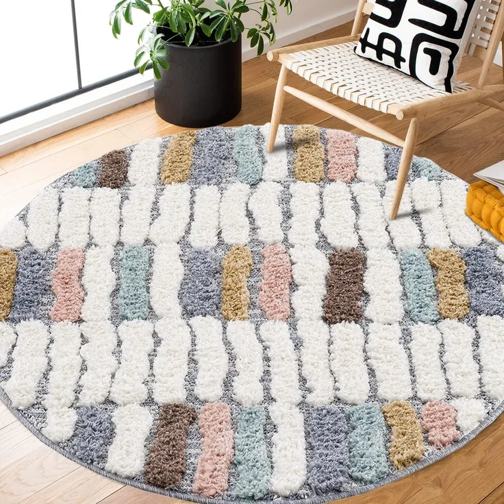 Teppich Rund - Hochflor Weich - 120x120cm - Boho Design - Pastellfarben Multi - Stein Optik Abstrakt - Skandinavisch Flauschig - Schlafzimmer Dekoration