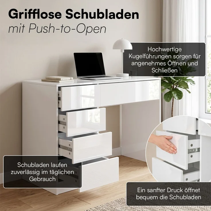 Bellamio 'Livny' Schreibtisch mit 5 Schubladen, beidseitig montierbar, weiß Hochglanz, 80x53x110 cm, Computertisch mit Stauraum, Bürotisch mit Push-to-open, geeignet als Schminktisch – Bild 4