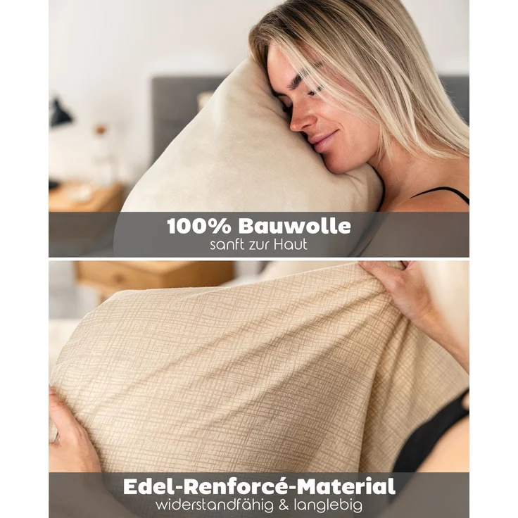 dibea Edel-Renforcé-Wendebettwäsche Beige – 155x220 cm Bettdeckenbezug & 80x80 cm Kissenbezug, 100% Baumwolle, mit Reißverschluss – Bild 4