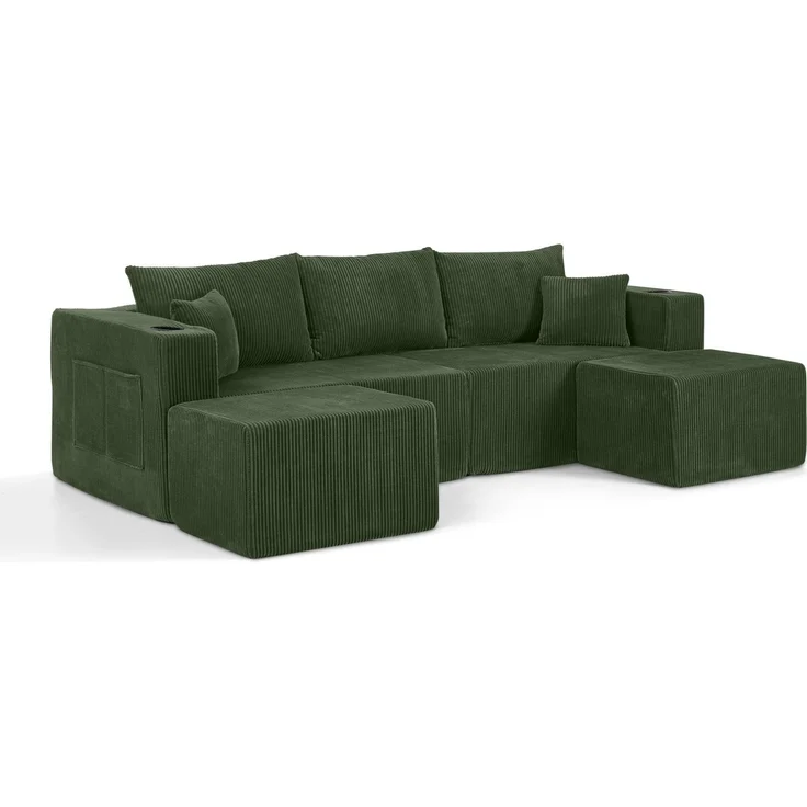 Ecksofa 3-Sitzer aus Cordstoff mit beweglichen Ottomanen, Getränkehaltern & Seitentaschen, 230×138×75 cm, Grün – Bild 4