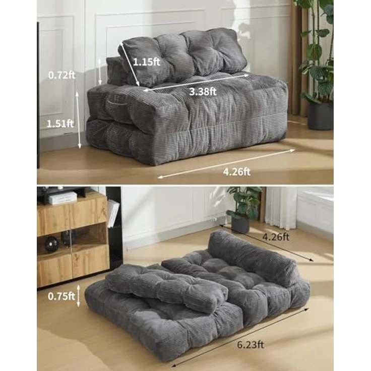 GarveeHome 3-in-1 Klappbares Schlafsofa mit Kissen – Faltbare Matratze & Rückenstütze – Komfortabler, tragbarer Doppelsitzer für Wohnzimmer & Studentenwohnheim – Platzsparendes Bodensofa – Maße: – Bild 2