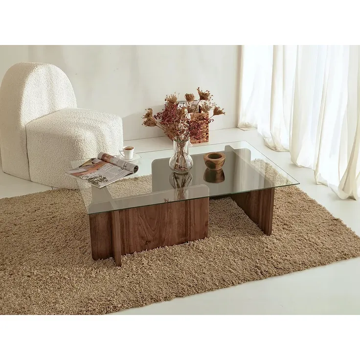Vente-unique - AZRA Couchtisch Holz, PlatteGlas TransparentBraun - B 65 cm x H 30 cm x L 105 cm