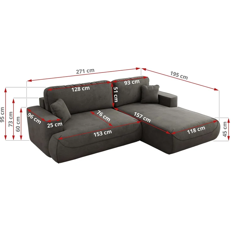 Ecksofa OVO mit schlaffunktion und bettkasten, Wellenfeder, lose Kissen, L-form 271x195 cm - Dunkelgrau Velvet - linke Seite – Bild 6