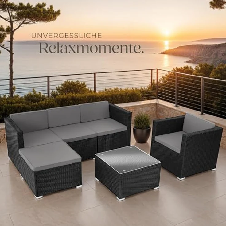 tectake® Poly Rattan Lounge, Outdoor Gartenmöbel Set mit Sofa, Sessel, Hocker und Tisch, variabel kombinierbar, Möbel wetterfest für 4-5 Personen, Balkonmöbel, Gartenlounge, Terrassenmöbel - schwarz – Bild 9