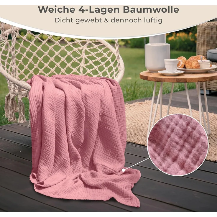 LAYNENBURG Premium Musselin Tagesdecke 220x240 cm XXL - 100% Baumwolle - extraweiche Baumwolldecke als Kuscheldecke, Bett-Überwurf, Sofa-Überwurf, Couch-Überwurf - warme Sofa-Decke (Altrosa) – Bild 6