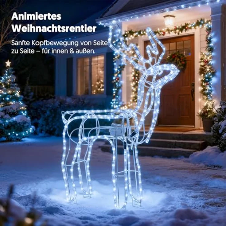 LEDYA Animierte Kopfbewegung Reindeer Beleuchtete Weihnachtsdekoration, 216 LEDs Kaltweiß,89 cm LED Rentier Weihnachtsbeleuchtung, Innen/Außen Weihnachtshirsch mit Timer, für Hof, Garten, Veranda – Bild 4