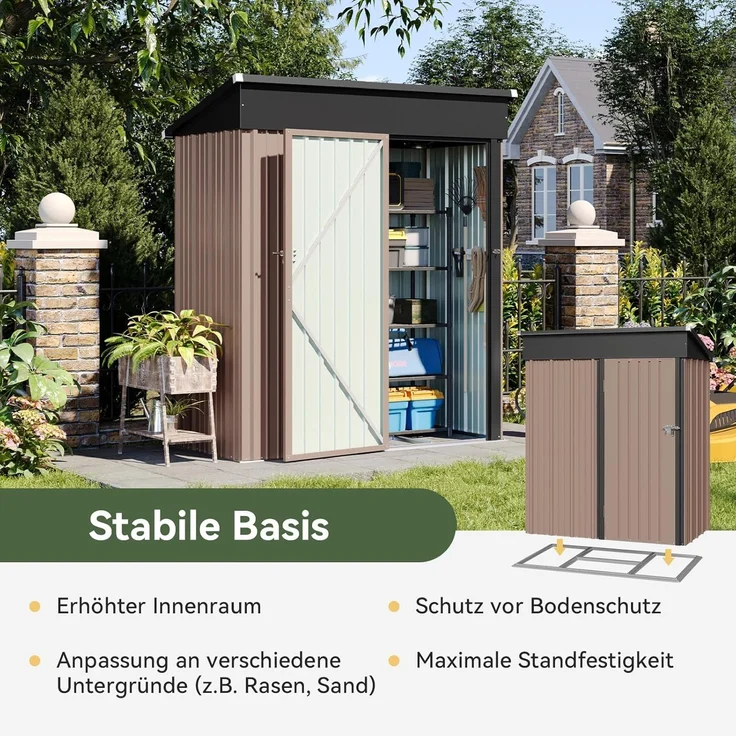 Aoxun Gerätehaus aus Metall, Maße 150x91x185cm, inklusive Bodenrahmen, Pultdach mit Belüftungslöchern, Tür mit Schloss, für Garten und Hof, Braun – Bild 7