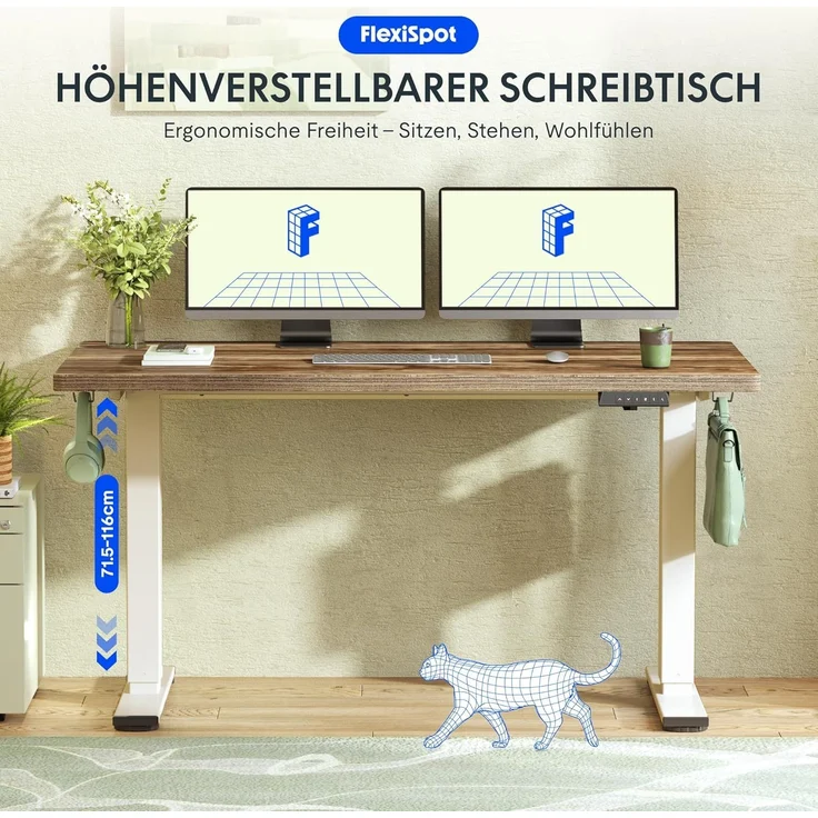 FLEXISPOT Höhenverstellbarer Schreibtisch 140×80cm, mit Haken und 25mm EINTEILIGER Tischplatte, ergonomischer Schreibtisch mit LED-Höhenanzeige und Memory-Funktion (Walnussbraun, Mousseweiß) – Bild 2