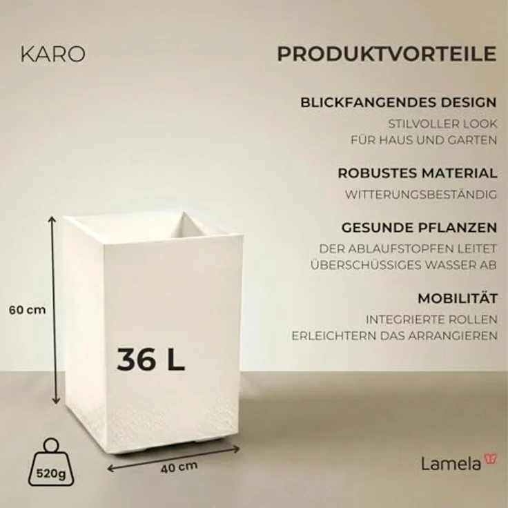 LAMELA Pflanzkübel mit Rollen Höhe 60 cm, 36L – Blumentopf aus Kunststoff in Betonoptik – Übertopf mit Wasserablauf – Modern für Innen & Außen - Wetterfest & Pflegeleicht, Creme – Bild 3