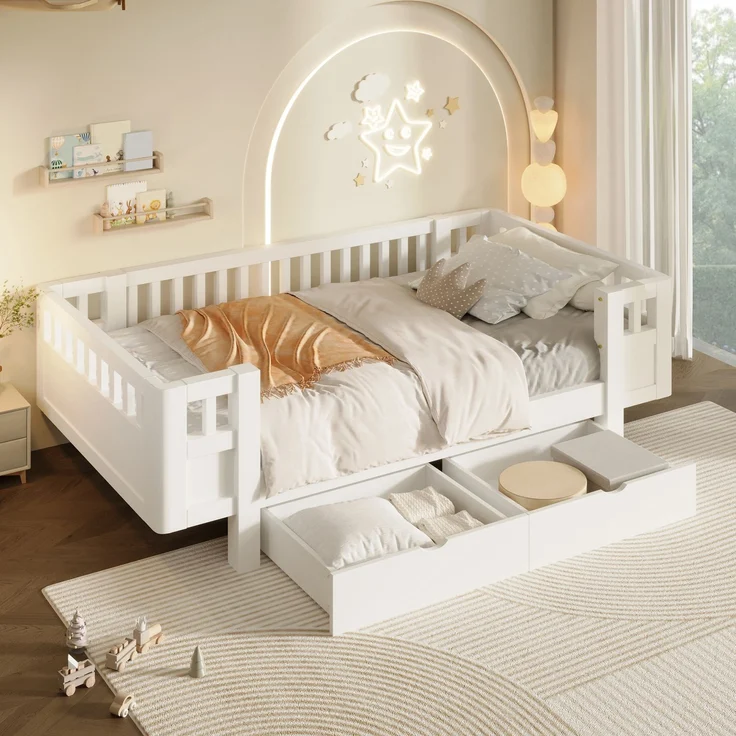Merax Hochbett 90x200 Kinderbett, mit hohem Schutzgitter & zwei großen Schubladen, Weiß – Bild 1