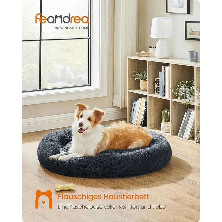Feandrea Hundebett flauschig, Katzenbett, Donut Kissen, waschbar, Polsterung in der Mitte herausnehmbar, langer Plüsch, 90 cm Durchmesser, dunkelgrau – Bild 2