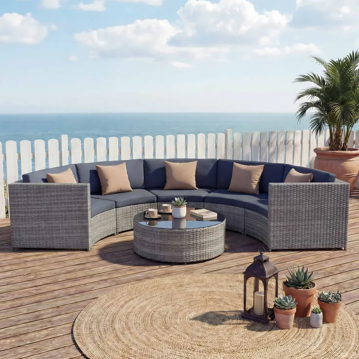 Poly-Rattan Garnitur rund HWC-E17, Garten-Set Sitzgruppe ~ grau, Polster dunkelgrau, Kissen beige
