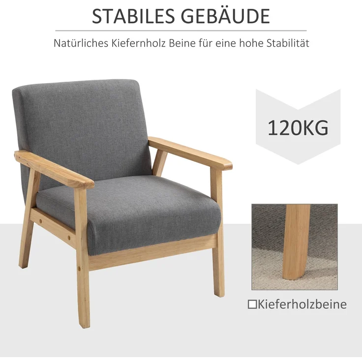 Ohrensessel, Loungesessel mit Armlehnen, Esszimmerstuhl, Relaxsessel in Leinenoptik, Polstersessel, Grau, 64 x 70 x 72 cm--Grau--64x70x72cm--YOUDENOVA – Bild 6