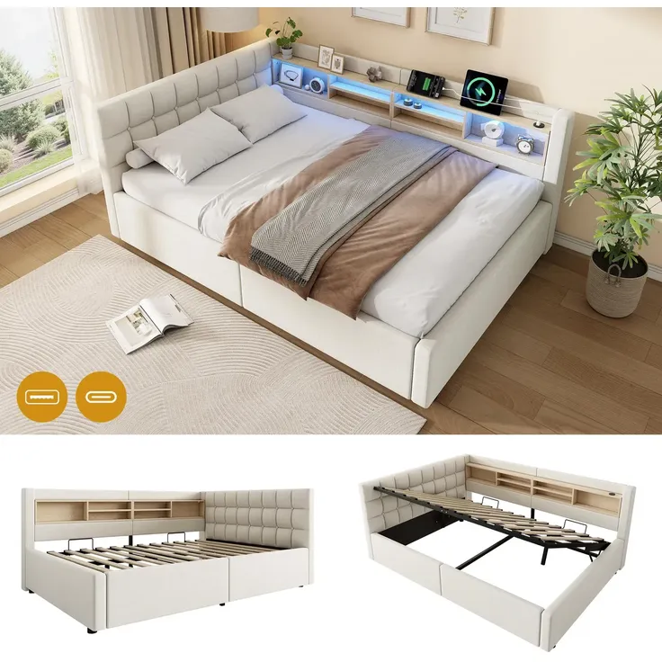 Polsterbett mit LED-Streifen, Lattenrost, Regal, Aufbewahrung, Type-C und USB, gepolsterter Kopfteil, 140x200 cm, Schlafsofa, Tagesbett, Leinen – Bild 4