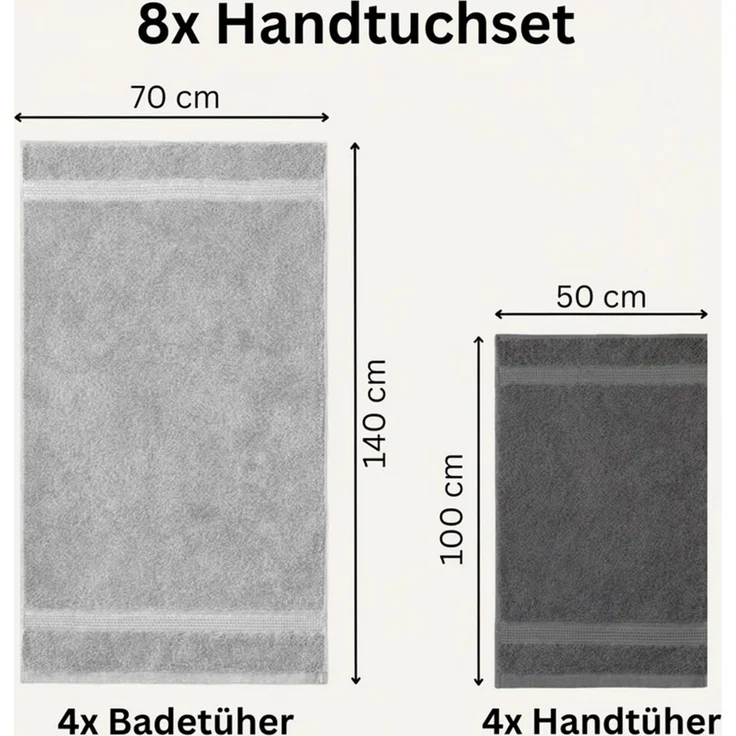 Komfortec 8er Handtuch Set aus 100% Baumwolle, 4 Badetücher 70x140 und 4 Handtücher 50x100 cm, Frottee, Weich, Towel, Groß, Anthrazit/Silber – Bild 3