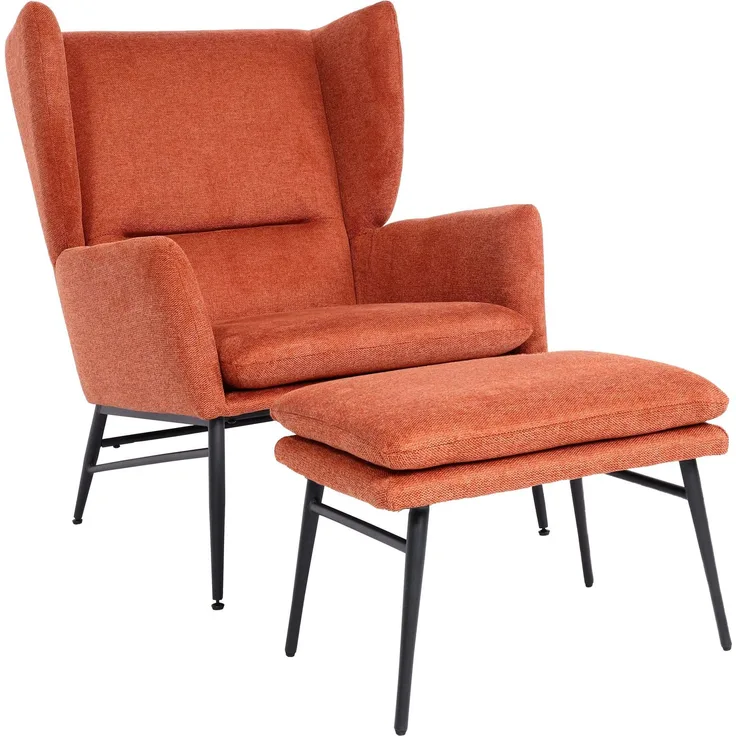 Lounge-Sessel mit Ottomane HWC-L62, Ohrensessel Polstersessel Cocktailsessel Hocker, Stoff/Textil ~ terracotta-braun