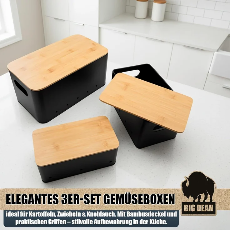 BigDean Kartoffelkiste 3er Set Kartoffel Aufbewahrungsbox für Kartoffel, Zwiebel & Knoblauch (Set, 6 St, Gemüseboxen), Stapelbar, Robuster Verzinkter Stahl, Belüftet, Rutschfest – Bild 2