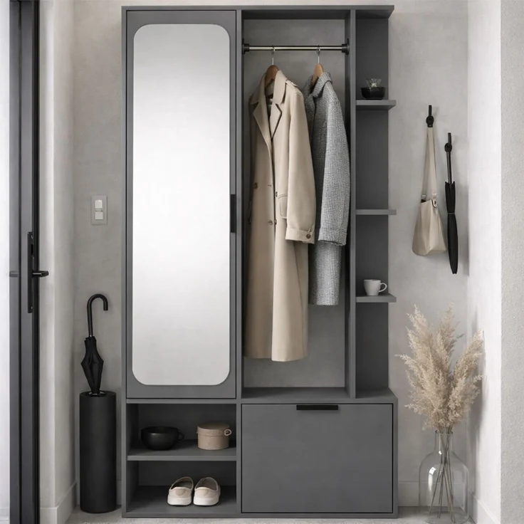 MEBLINI Garderobenschrank NADIA 100cm - Dunkelgrau - mit Spiegel - 100x33x190cm R/L - Garderobe Schrank - Flurgarderobe schmal - Garderobe Flur Möbel Set - Flurschrank hoch – Bild 1