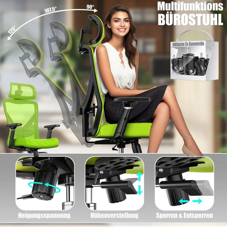 KESSER® Bürostuhl mit verstellbaren Armlehnen | Drehstuhl mit Lendenwirbelstütze Rückenschonend | Schreibtischstuhl ergonomisch mit Kopfstütze | Office Chair Wippfunktion bis 125° mit 5x Gummirollen Grün / Silber – Bild 4