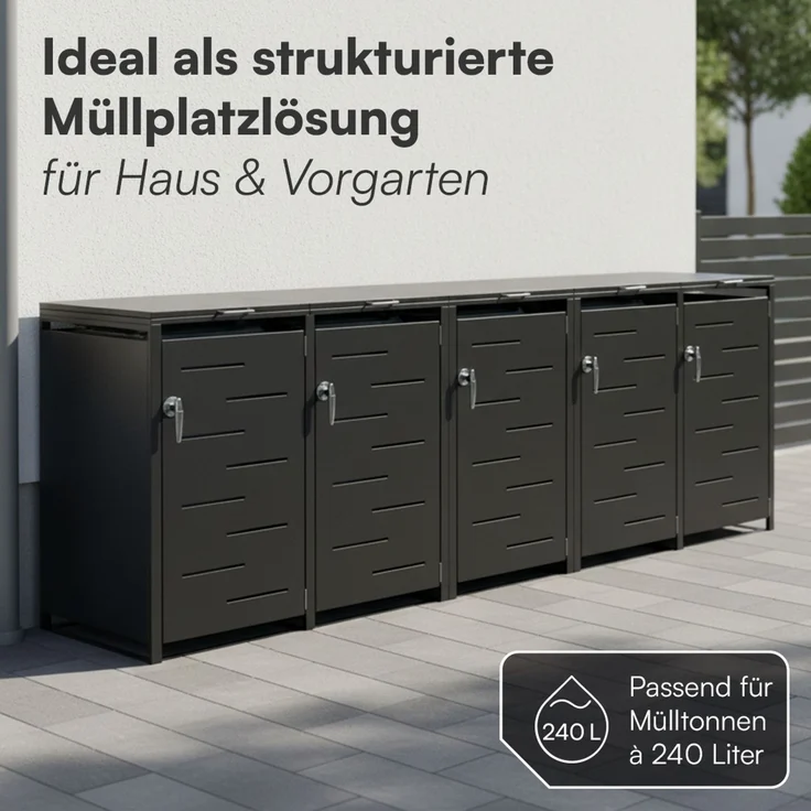 STEELSØN 'Diorus' Mülltonnenbox 5er je 240 Liter, graphitschwarz, Mülltonnenverkleidung aus Stahl mit Sichtstreifen, wetterfest, 116x80x337 cm, abschließbare Müllbox für 5 Tonnen – Bild 2