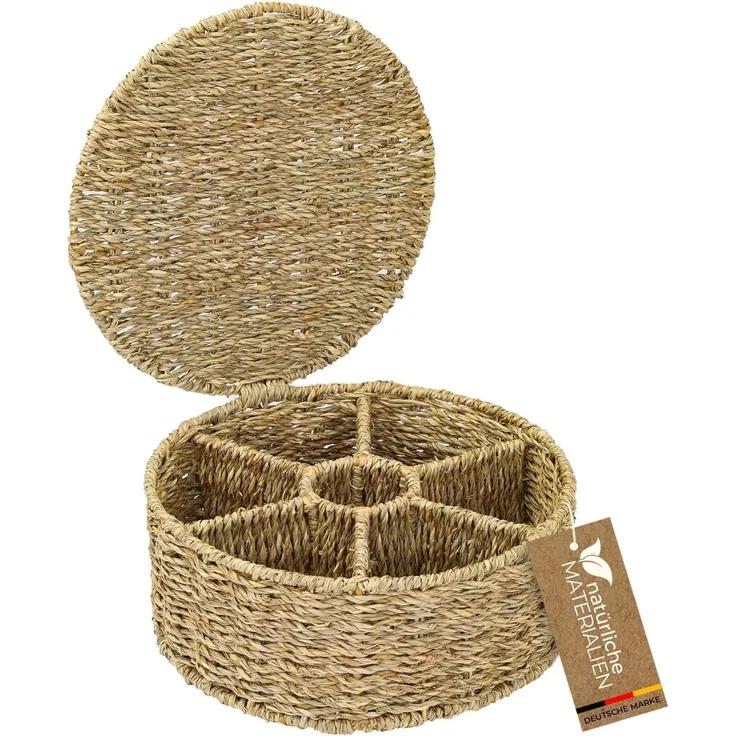 HMF Teebox Teebox für Teebeutel geflochten aus Seegras, Seegras, Tee Aufbewahrungsbox mit 7 großen Fächern, 27 x 27 x 11 cm