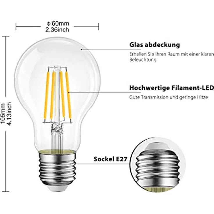 LVWIT 6.5W E27 Filament LED Glühfaden A60, Kaltweiß 6500K, 806 lm, nicht dimmbar, Rustikalampe im klaren Filamentstil – Bild 5