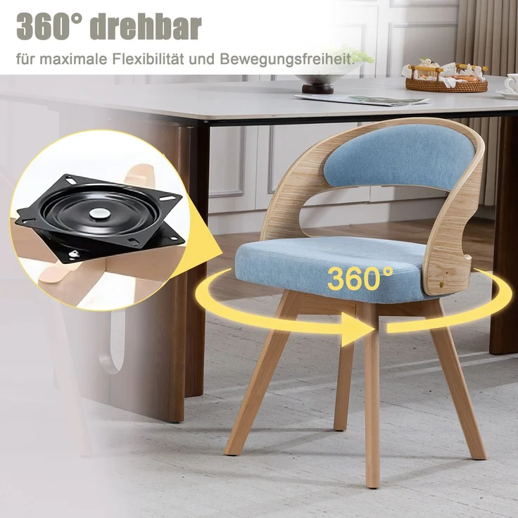 LVHOM Esszimmerstuhl 360° drehbar, 2er Set, Polsterstuhl aus Leinen und Massivholz, Küchenstuhl gepolstert, ergonomischer Schalenstuhl mit Armlehne, bis 150 kg – Bild 3