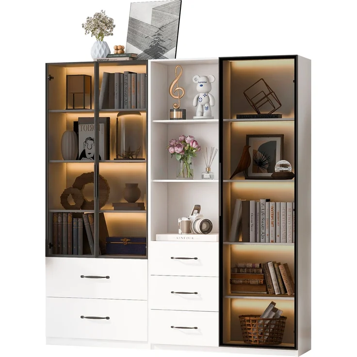 Vitrine 140x40x160 cm, zweiteilig mit LED, Glasfront und Schubladen, Weiß – Bild 4
