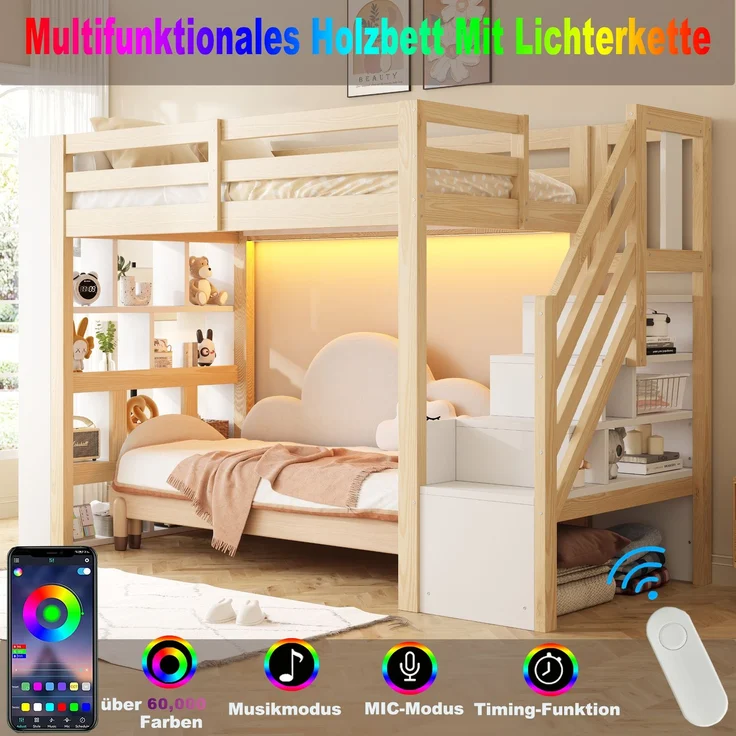 Bett als Hochbett 90x200 cm aus Kiefernholz und MDF mit Stauraum und LED, ohne Matratze – Bild 6