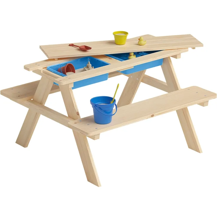 Bellabino 'Inny' Sitzgarnitur für Kinder, Kiefer massiv, natur unbehandelt, 50x89x80 cm, Kindersitzgarnitur für 4 Personen, Matschtisch mit 2 Wannen, ab 2 Jahren