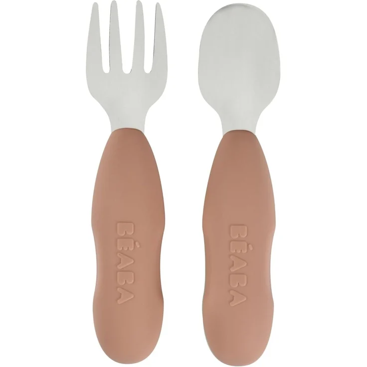BÉABA, 2er-Set Edelstahl- und Silikon-Vorbesteck, Babybesteck, Kinderbesteck, ab 10 Monaten, Ergonomische Form, Ergonomischer Griff, Baby-Lernbesteck, Praline