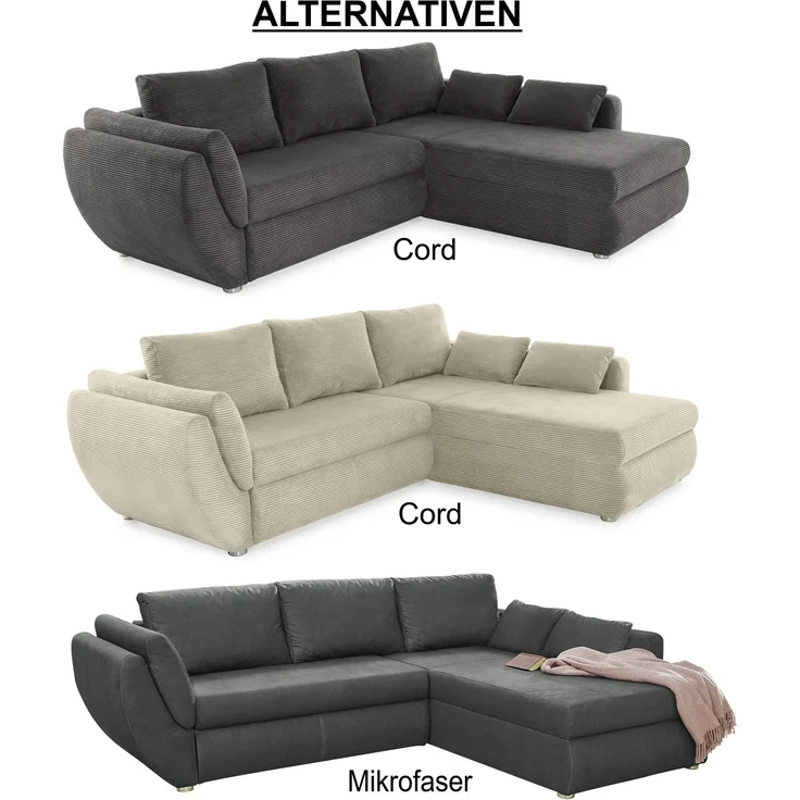Ecksofa Schlaffunktion Couch mit Rutschenlehne Bettkasten Cord Dunkelgrau – Bild 9