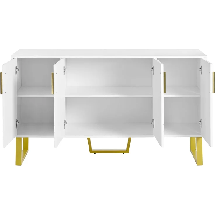 Flieks Hochglanz-Sideboard, 4 Türen, 3D-Geometriefronten und Metallfüßen, 140 x 40 x 80 cm, Weiß – Bild 6